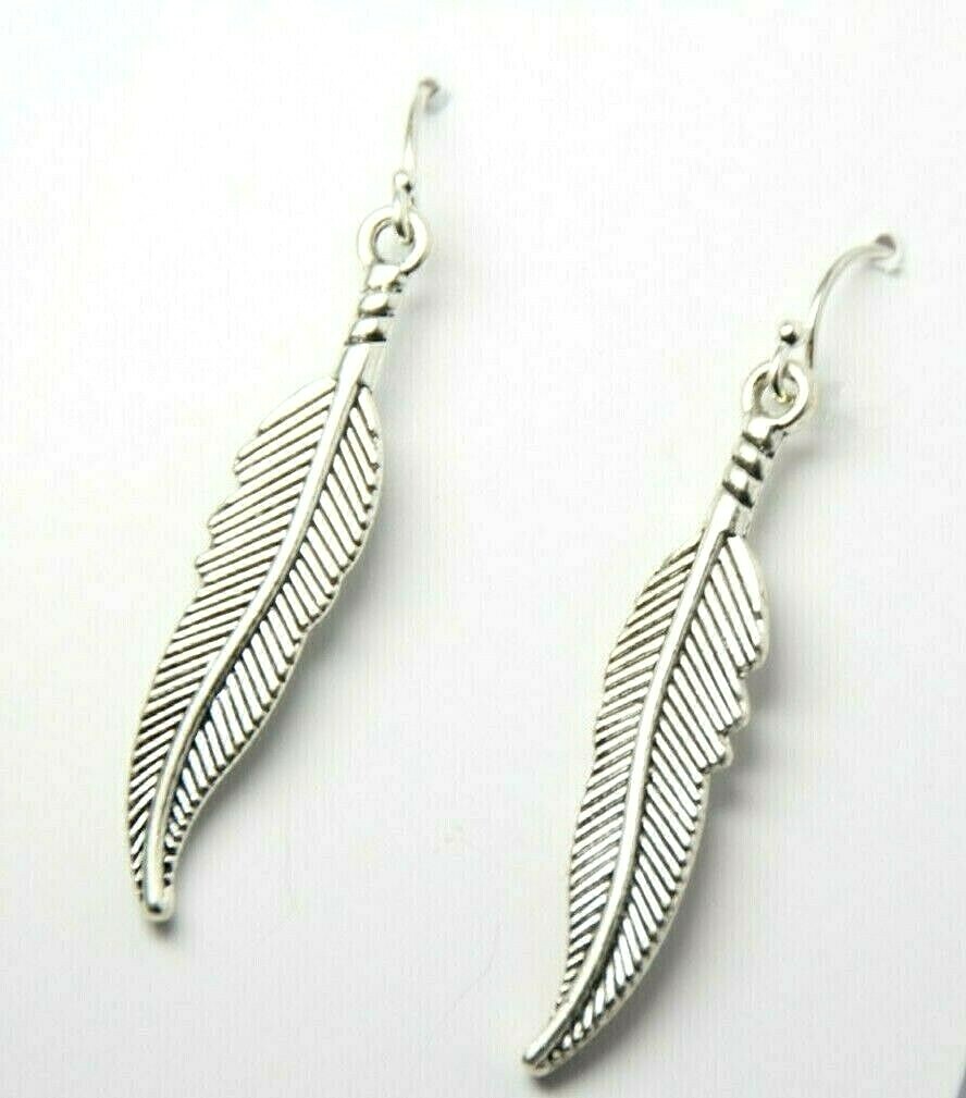Feather Charm Earrings 925 sterling silver hooks pewter charms 1 3/4″ Southwest