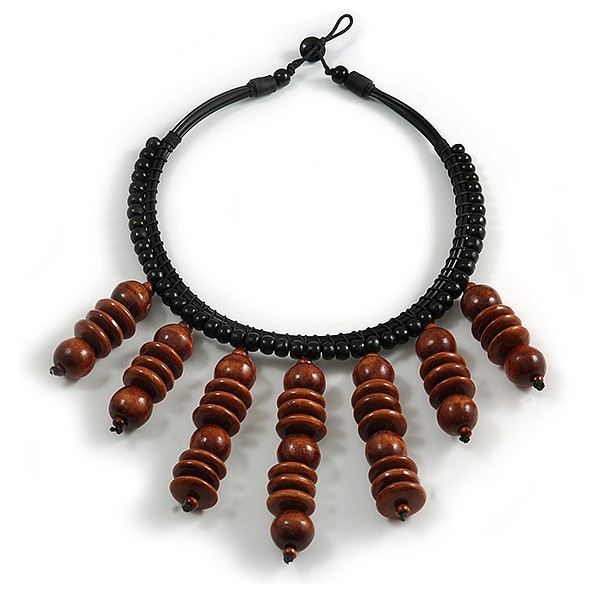 Statement Brown Wood Bead Fringe Bib Style Collar Necklace – 58cm Long/ 12cm