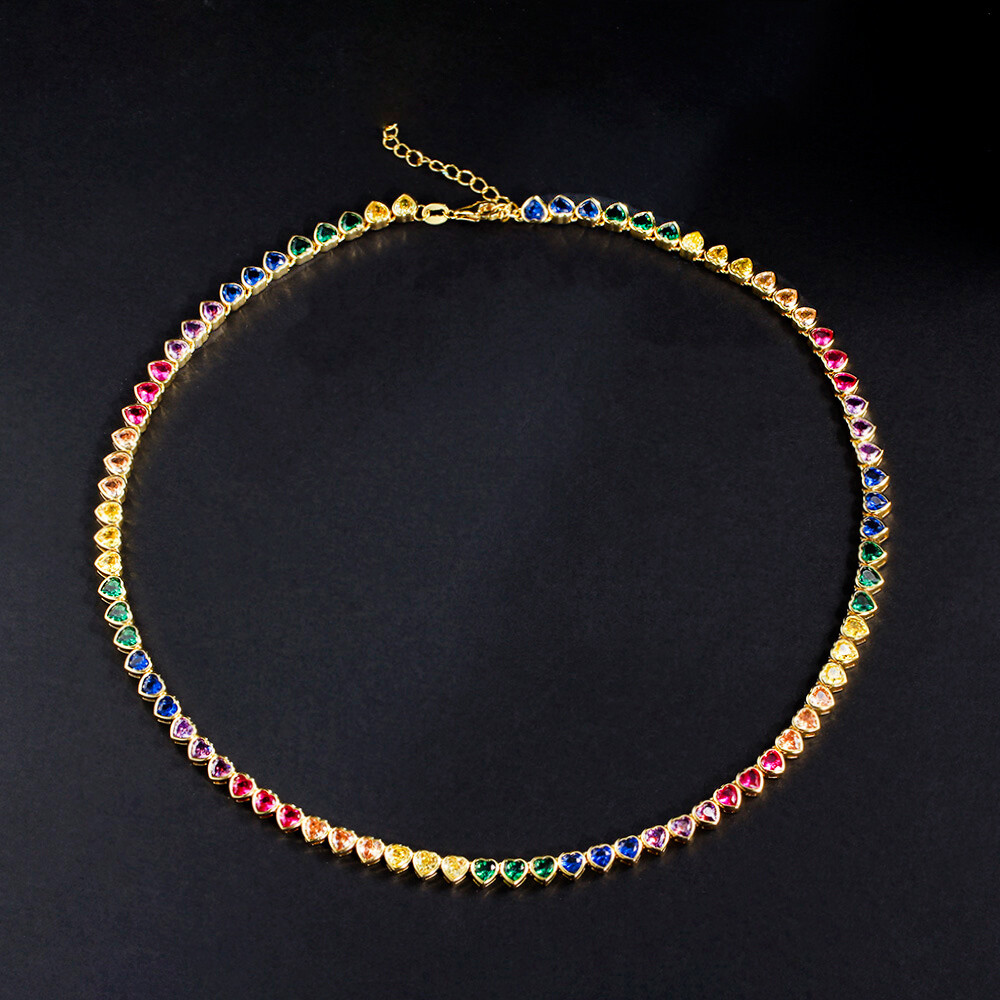 Romantic Multicolor CZ Heart Round Choker Necklace Silver Plated Cubic Zirconia