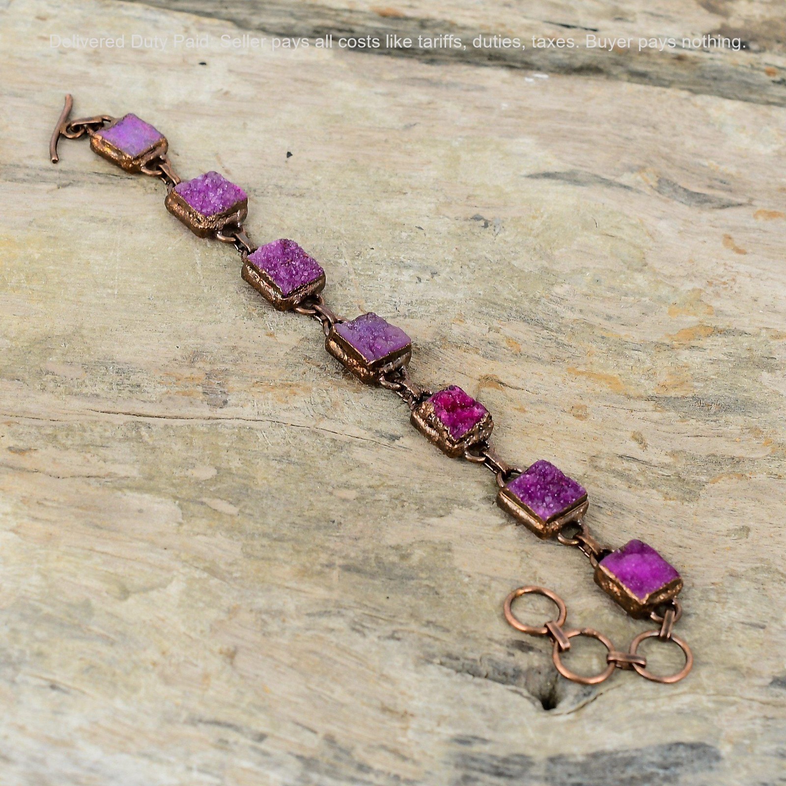 Copper Pink Druzy Stone Bezel Wife Electroformed Wedding Chain Bracelet Jewelry