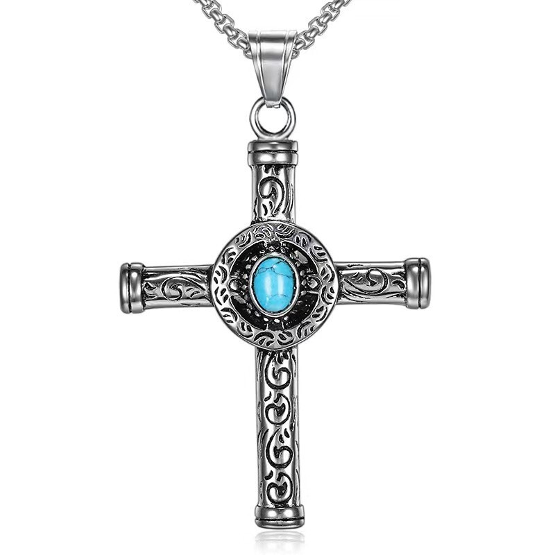 Silver Turquoise Celtic Cross Pendant Necklace Men’s Jewelry Chain 24″ Gift