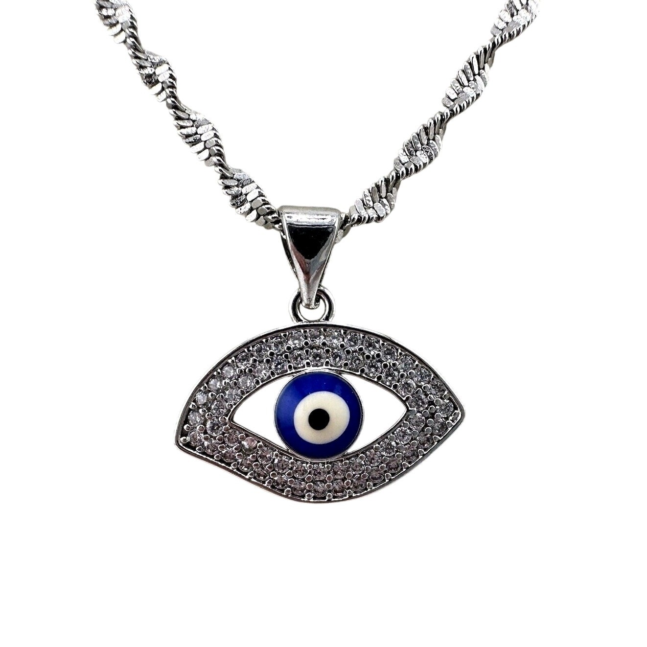 18K GP Crystal Pavé Evil Eye Pendant Twisted Herringbone Chain 17” Necklace