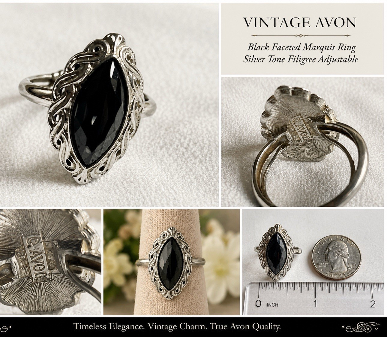 Avon Vintage Signed Marquise Black Onyx Filigree Silver Tone Adjustable Ring