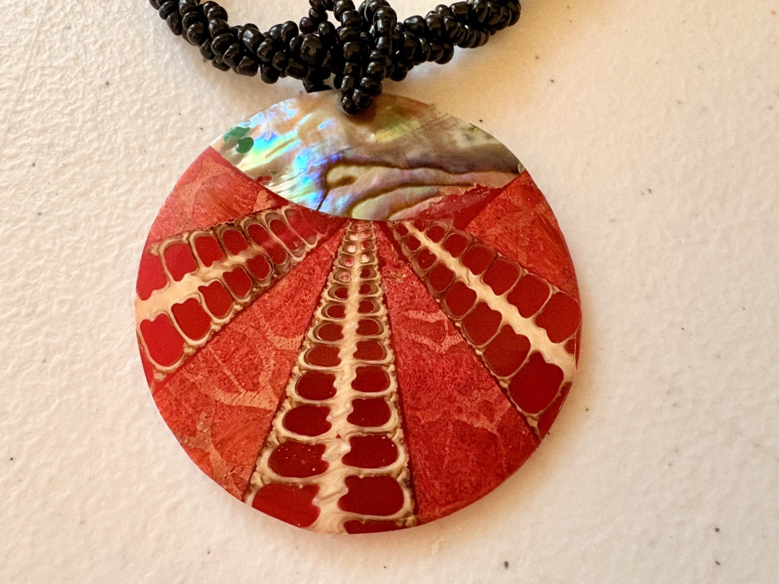 Abalone Shell Mosaic Iridescent Seed Beads Large Round Disc Pendant Necklace