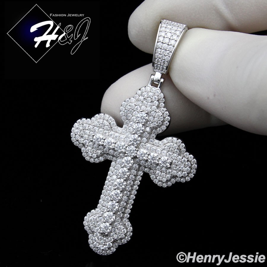 MEN SOLID 925 STERLING SILVER ICY BLING MOISSANITE 3D LAYERED CROSS PENDANT*M570