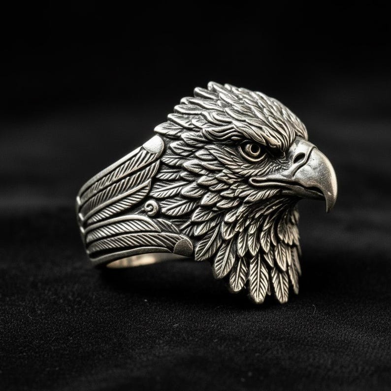 925 Sterling Silver Eagle Head Ring Mens Vintage Oxidized Statement Band New