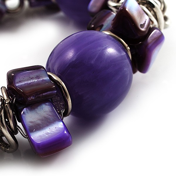 Purple Acrylic Bead, Shell & Metal Link Stretch Bracelet