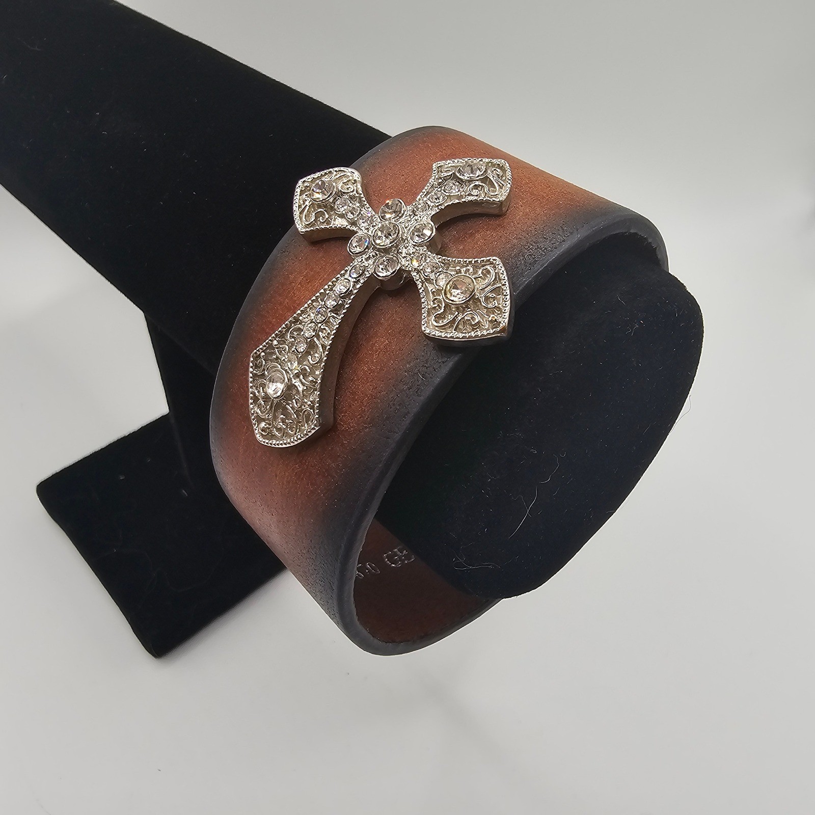 Brown Genuine Leather Cross Cuff Bracelet Rhinestone Western Y2K Statement Faith