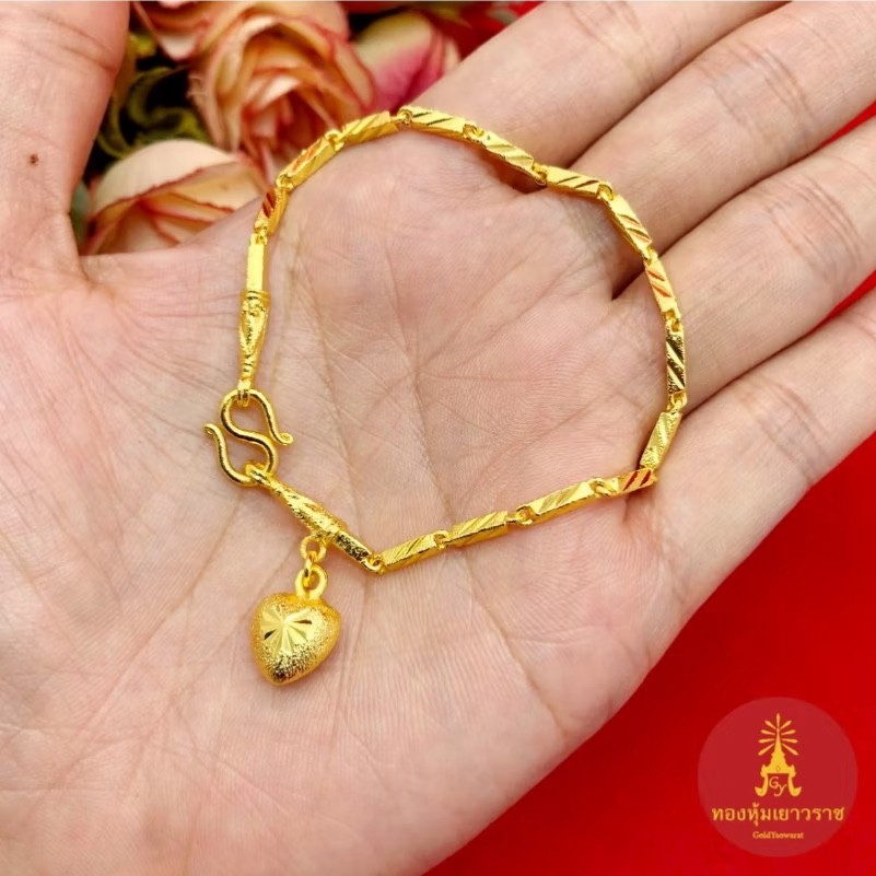 Heart Charm 22K 23K 24K THAI BAHT YELLOW GOLD Bracelet Jewelry Women 6.8in