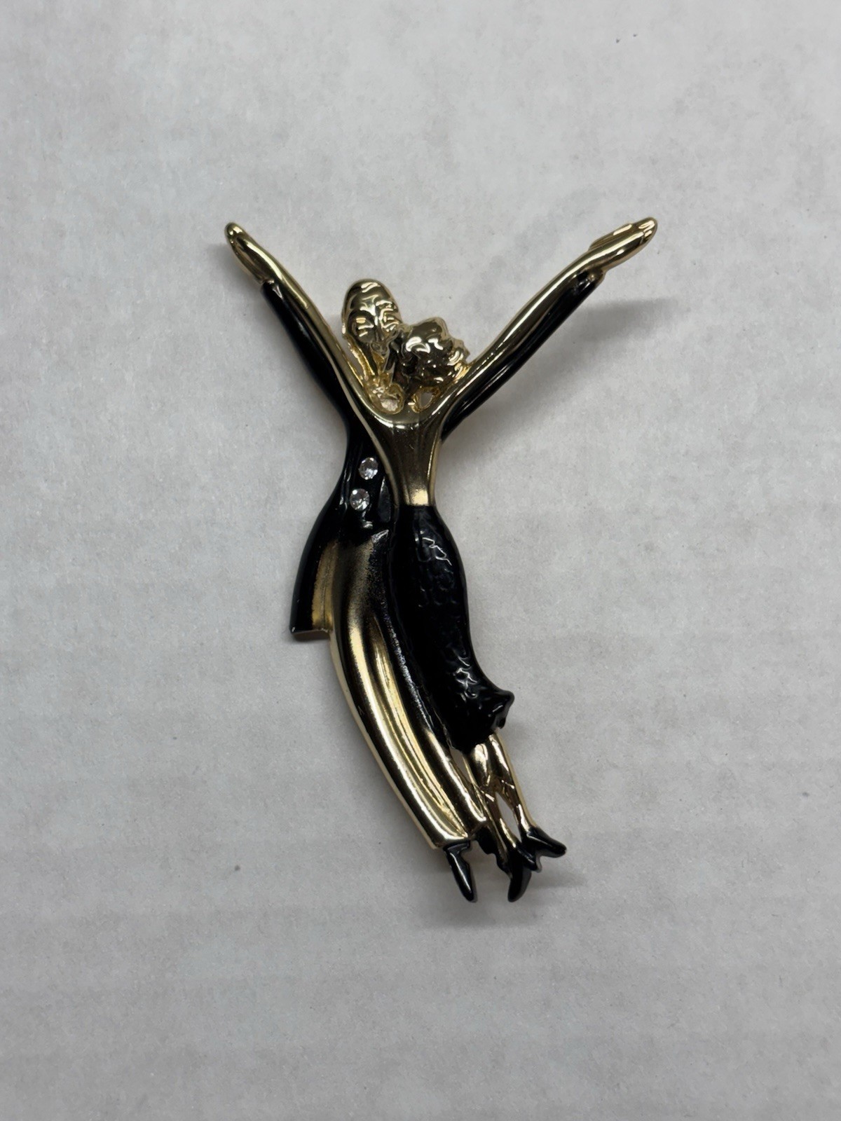 Vtg 3″ Gold Tone Male Female Ballroom Dancer Couple Pin Brooch w/ Rhinestones