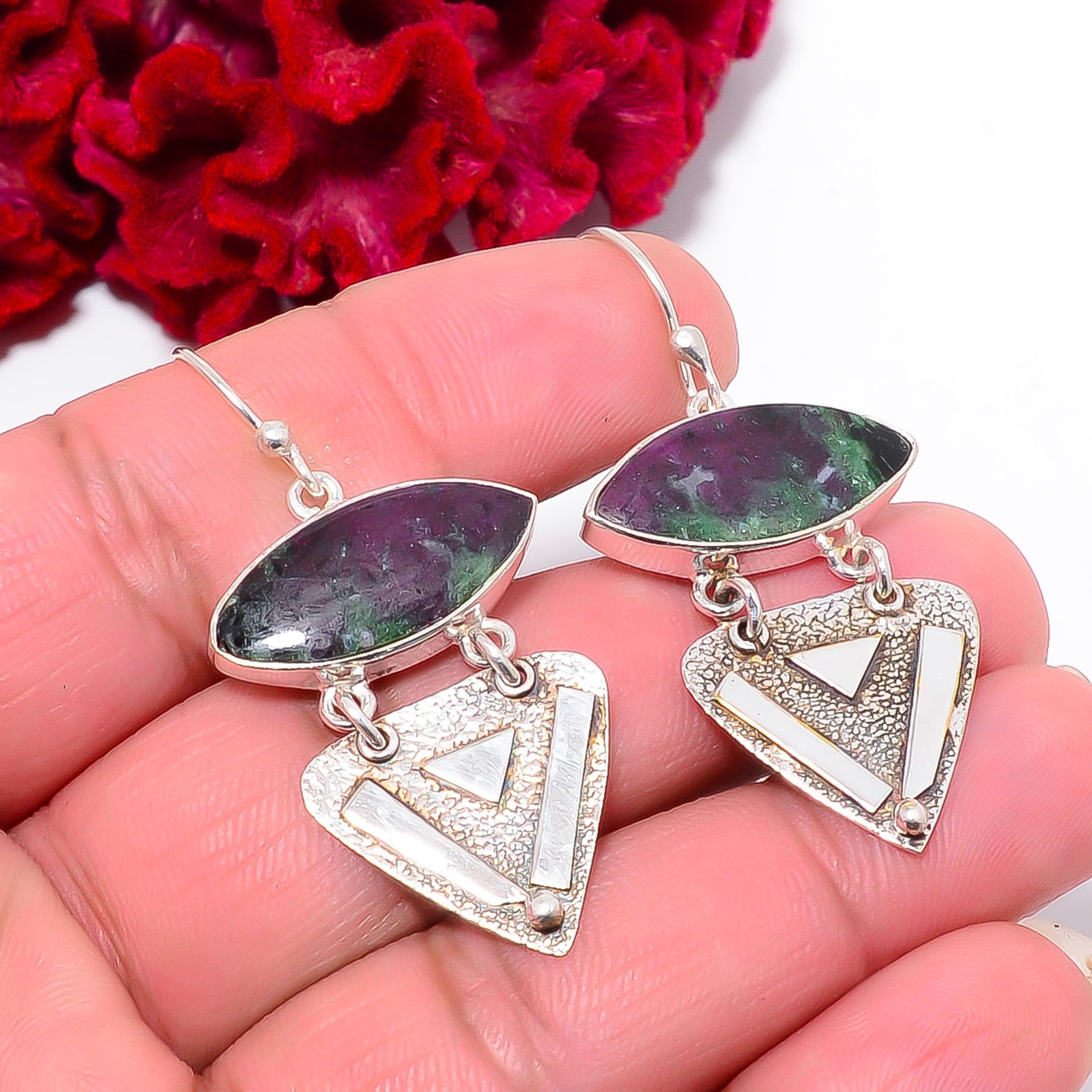 Natural Ruby With Zoisite Handmade 925 Sterling Silver Earring 1.91″ E07110937