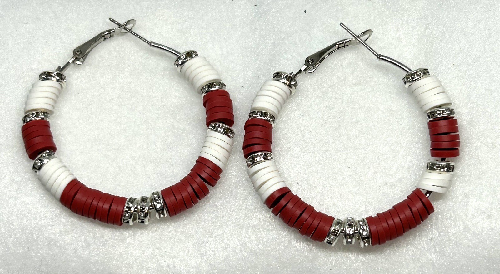 Alabama Crimson Tide Inspired Heishi Bead Continuous Hoop Red & White Earrings