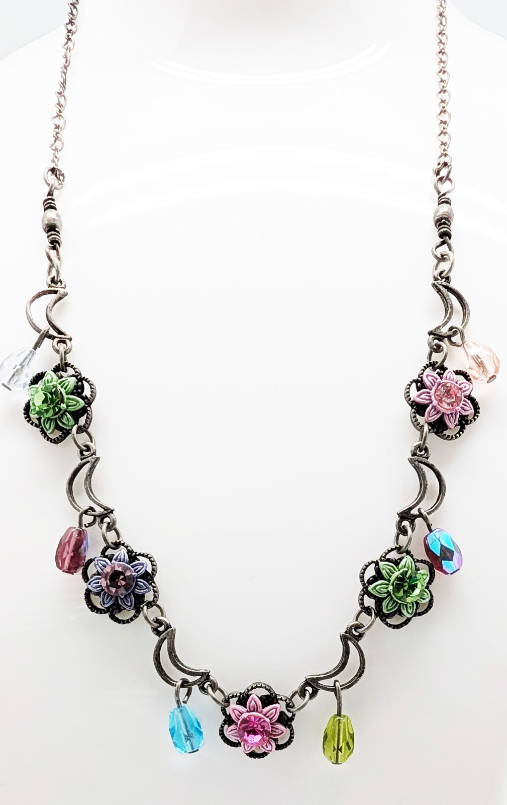 DESIGNER INSPIRED MULTI COLOR CRYSTAL FLORAL ENAMEL SILVER TONE DANGLE NECKLACE