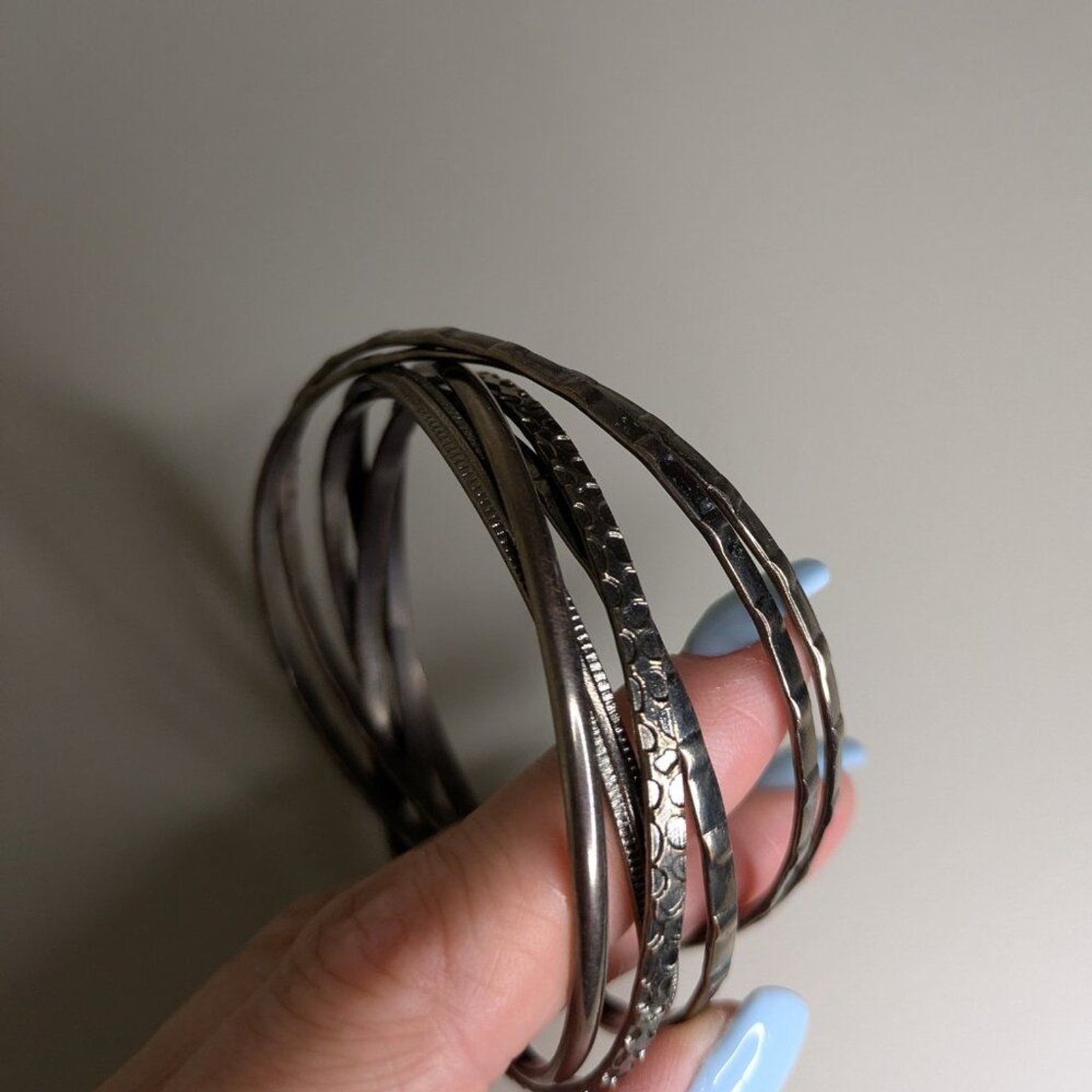 Gunmetal Silver Bangle Set Textured Stack Bracelets Slim Layered Bangles