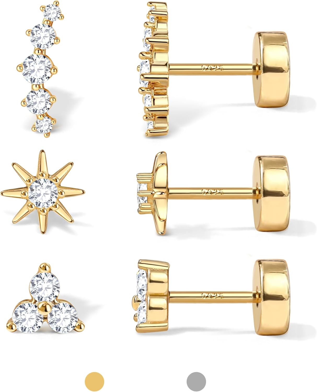 Dochais Flat Back Stud Earrings for Women and Men, Hypoallergenic 14K Gold Plate