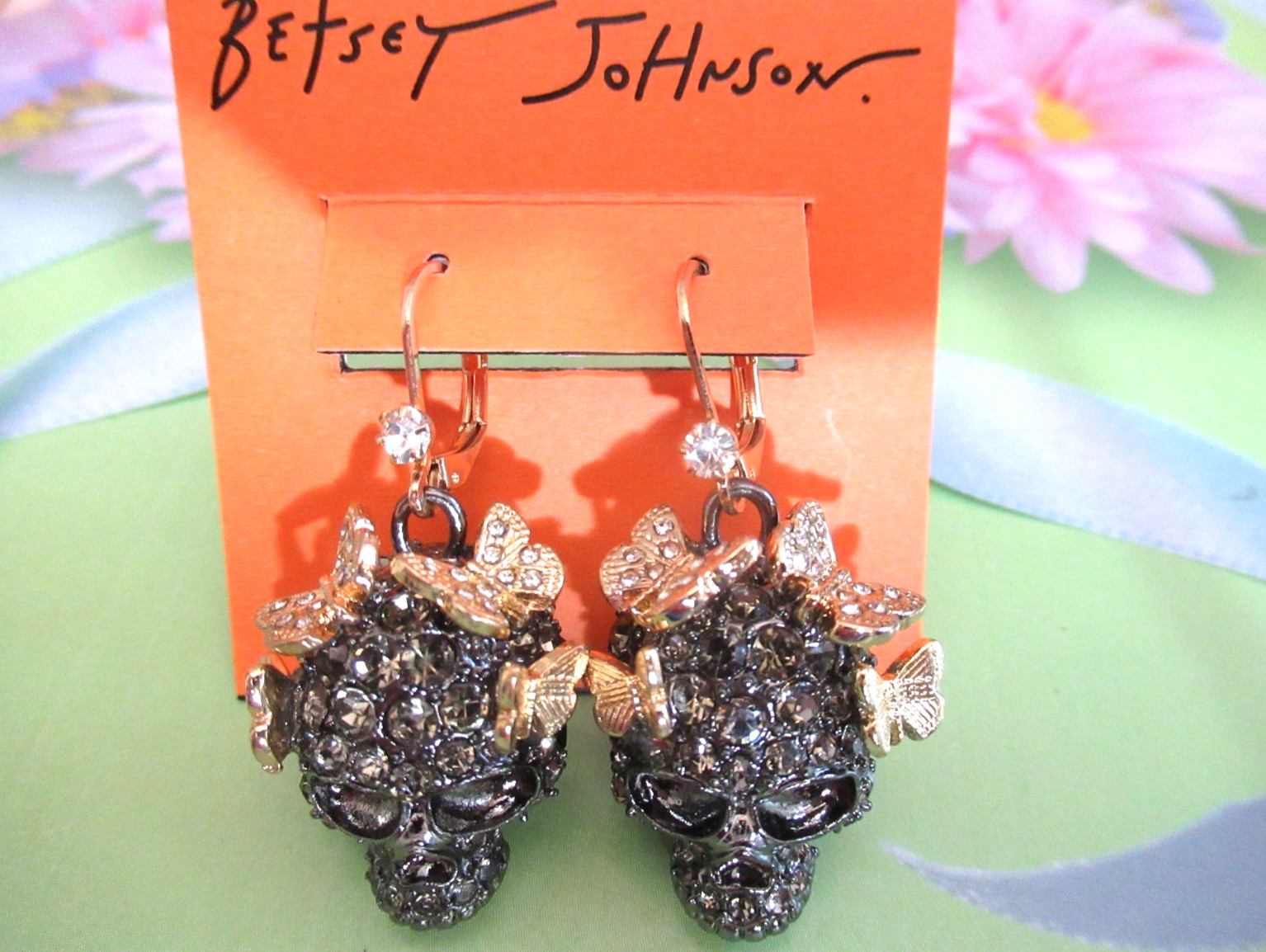Betsey Johnson Butterfly Skull Dangle Drop Earrings Crystal Gun Metal NWT