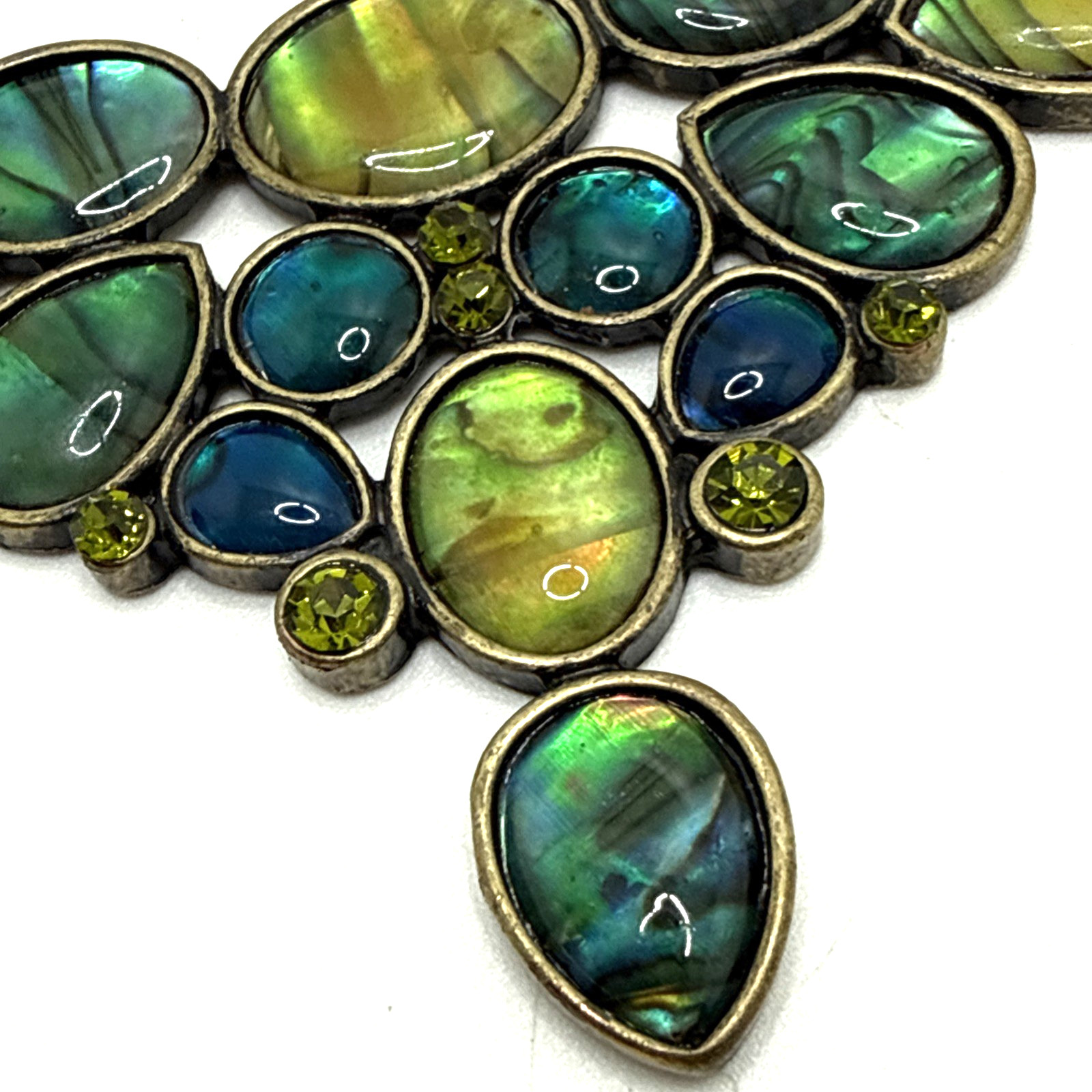 Abalone Pendant Necklace Bronze Tone Oval Cabs Green Rhinestone Accent 19″ – 22″