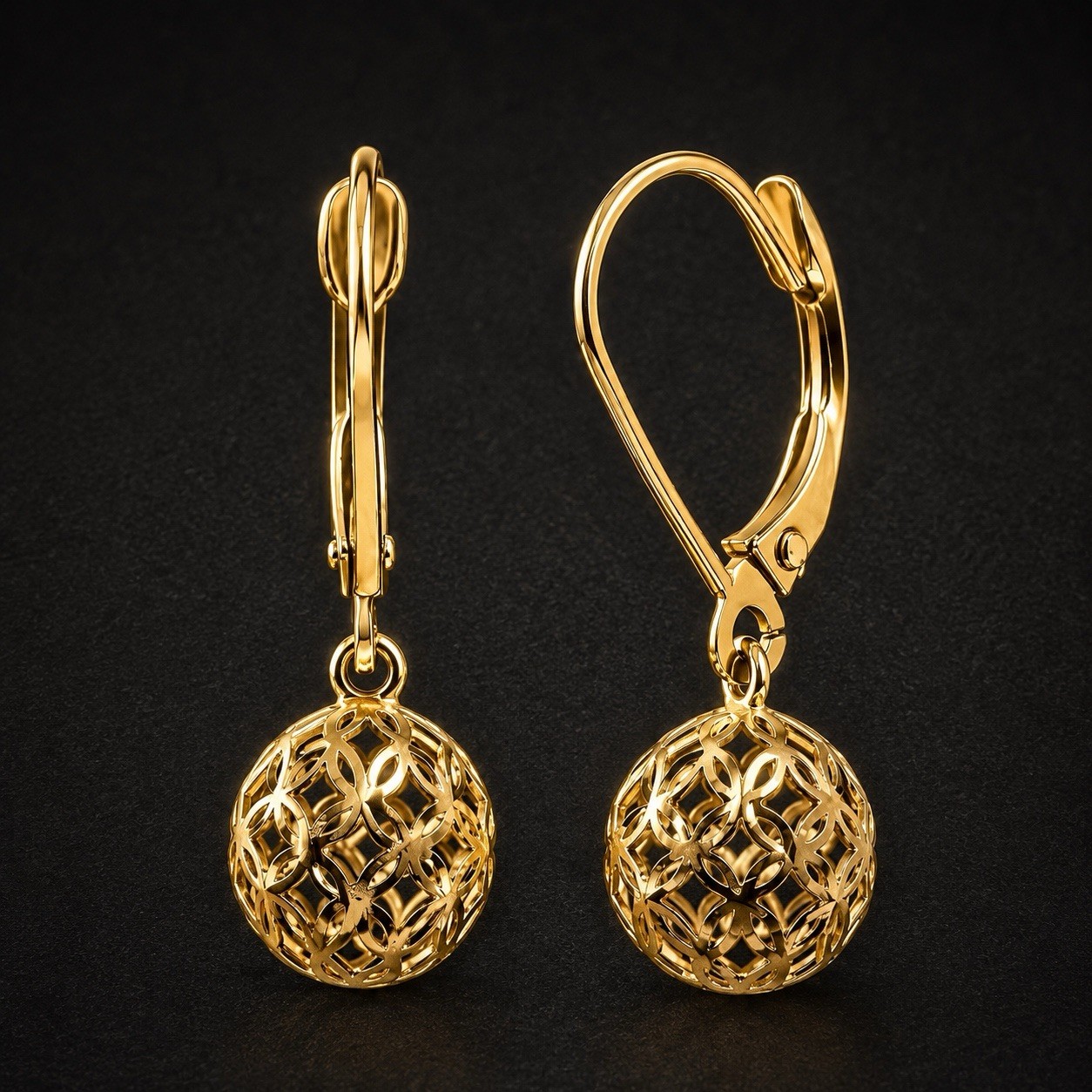 Luxury 14K Yellow Gold Filigree Ball Drop Earrings Leverback 24mm Dangle New