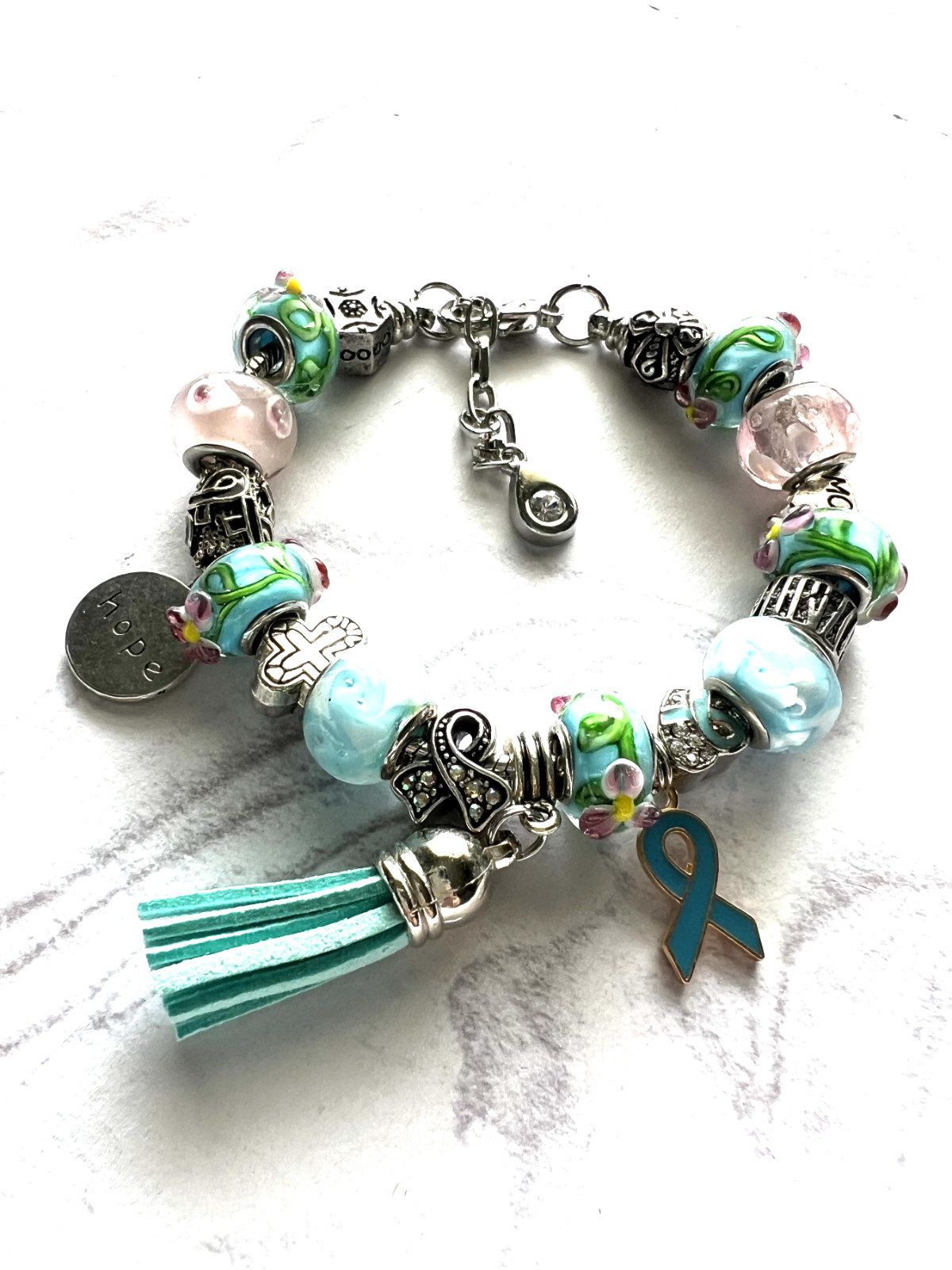 Ovarian Cervical Teal Awareness European Style Charm Bracelets Wrist 7.0 to 8.0″