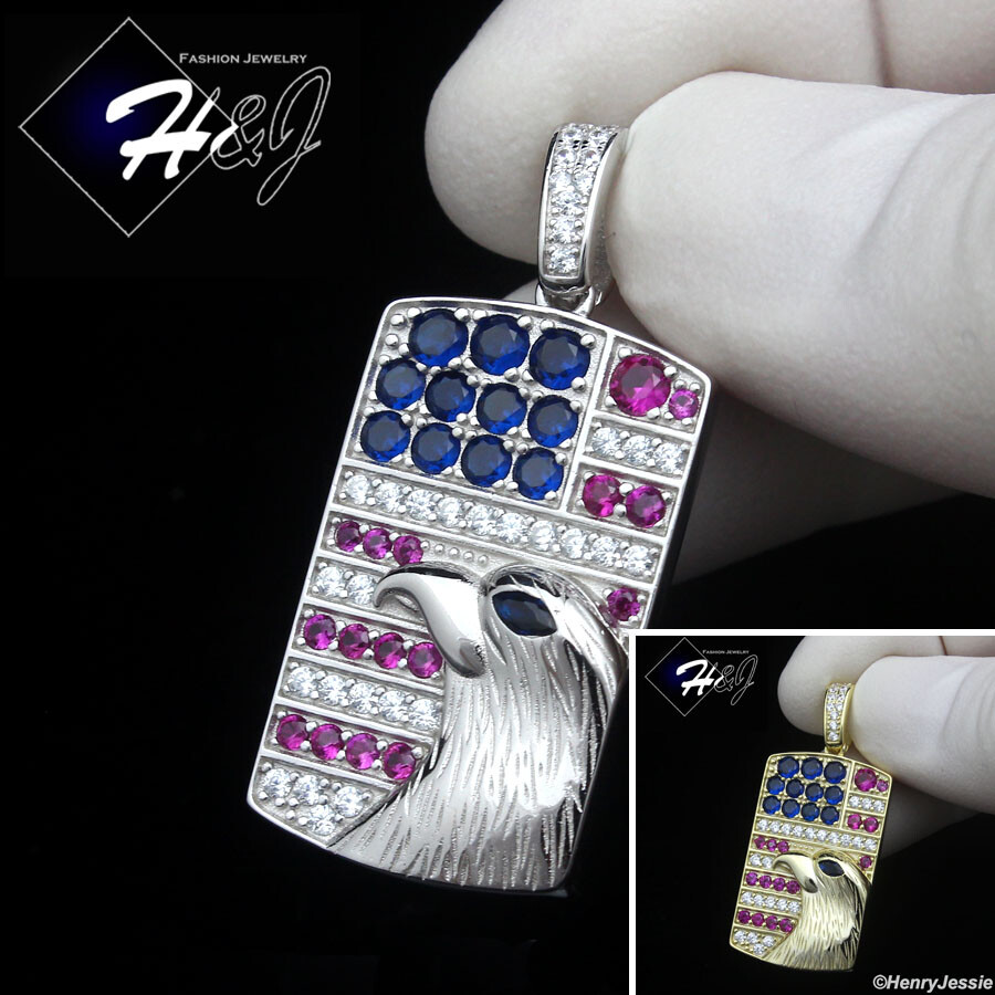 MEN 925 STERLING SILVER ICY CZ GOLD PLATED/SILVER 3D EAGLE DOG TAG PENDANT*SP465