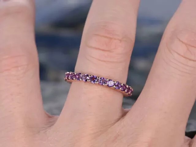 1.20 Ct Round Cut Simulated Amethyst Eternity Wedding Ring 14K Rose Gold Plated