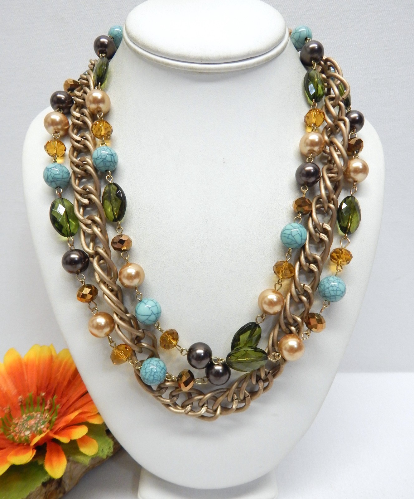 Multi Strand Beaded Chain Necklace, Gold Tone, Crystal & Acrylic Beads 22″