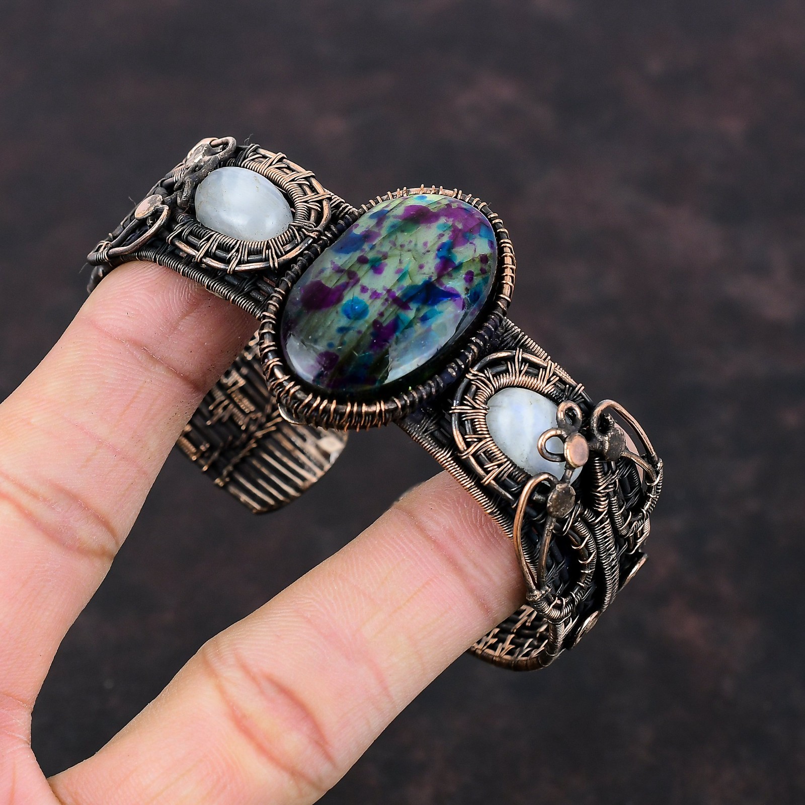 Multi Fire Labradorite Stone Rainbow Moonstone Unique Wire Wrapped Bangle Copper