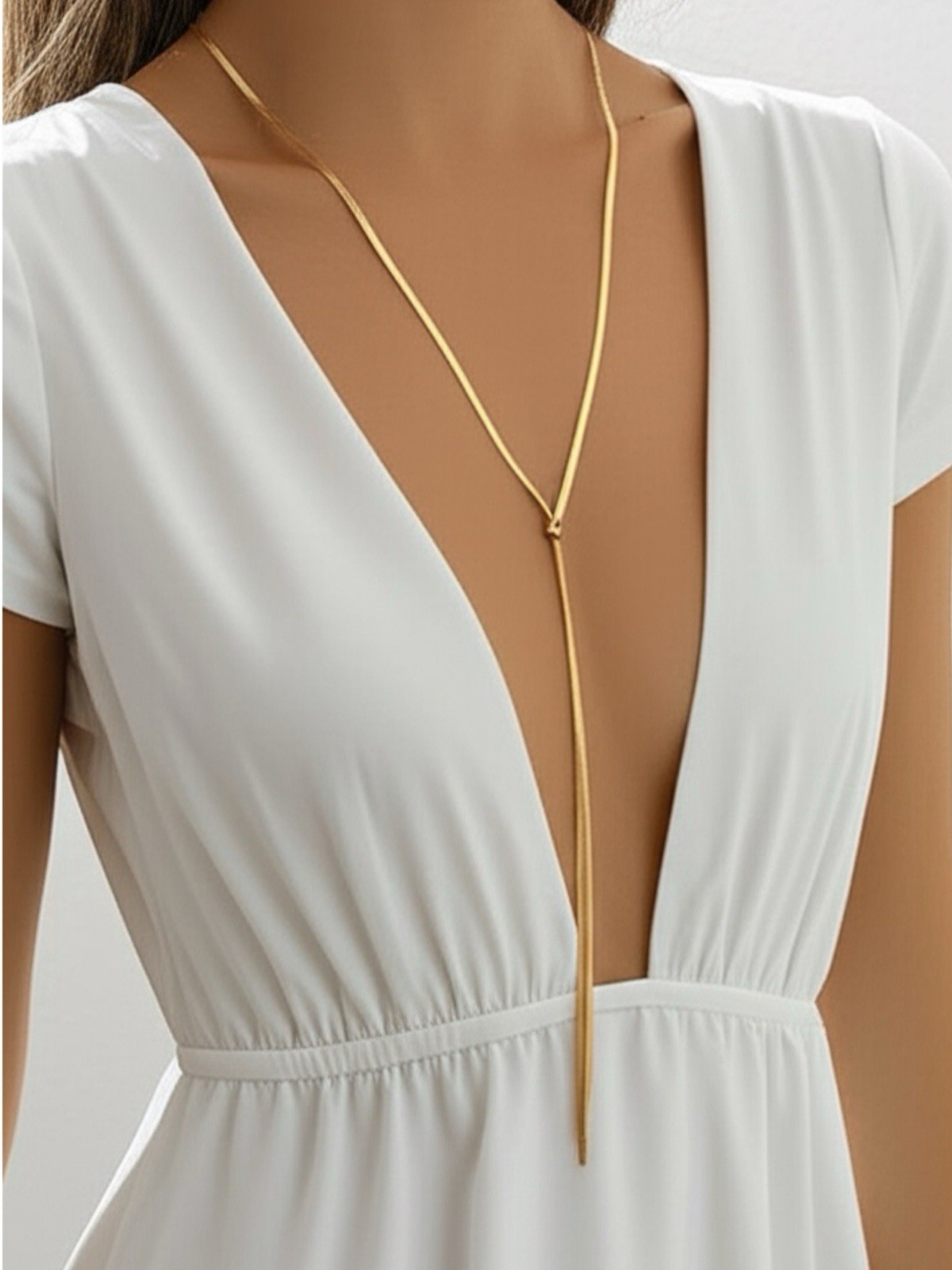 Woman 18k Gold Plated Tie Thin Long Snake Chain Necklace Tassel Body Chain 43”