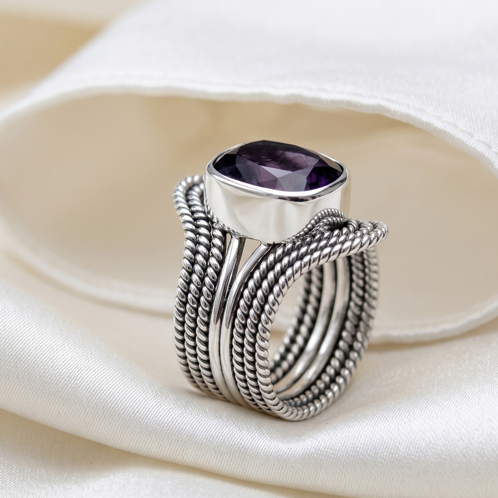 925 Sterling Silver Natural Amethyst Gemstone Ring, February birthstone
