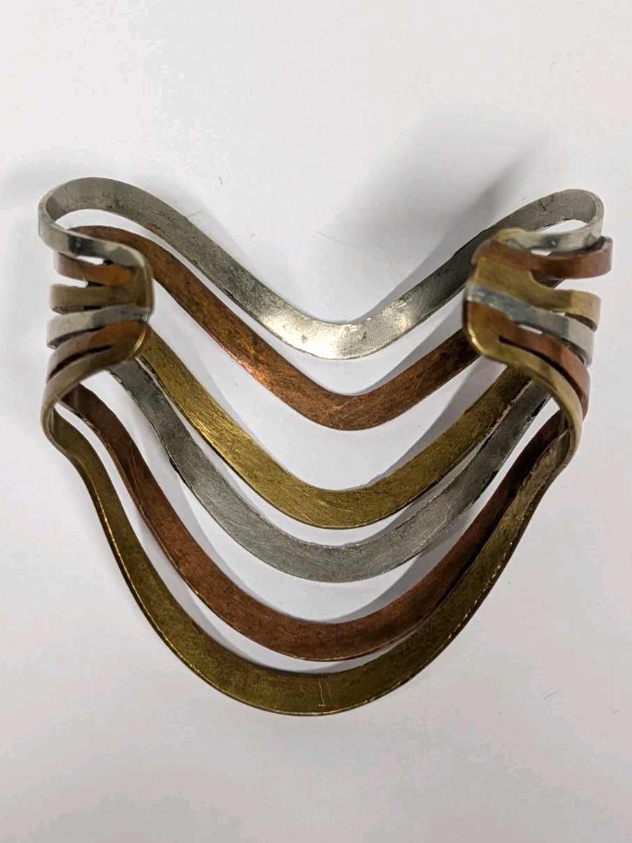 Vintage Modernist Mixed Metal Cuff Bracelet Brass Copper Silver Tone Open Bangle
