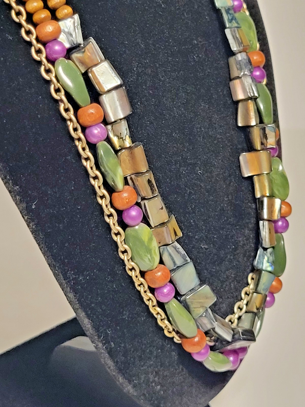 Multi Strand Beaded Boho Necklace Shell Wood Green Purple Iridescent Layered 21″