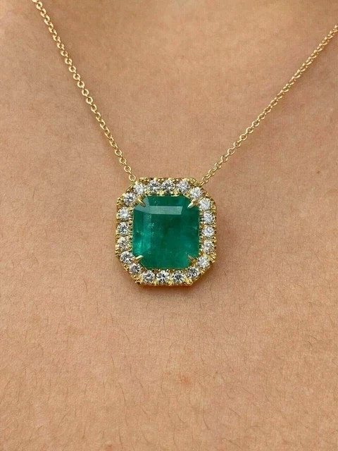 2Ct Asscher Cut Simulated Green Emerald Halo Pendant In 14k Yellow Gold Plated