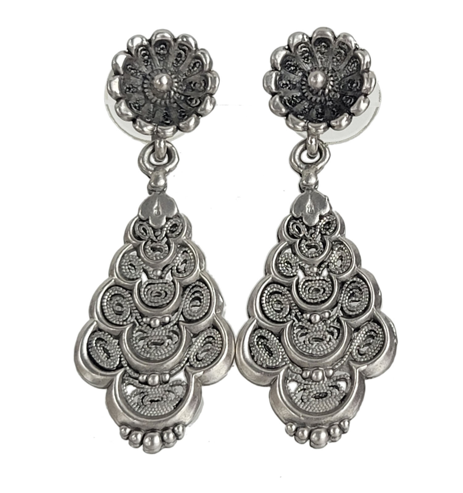 Avante Silver Tone Filigree Textured Dangle Earrings Pierced 2 1/8″ Made in USA
