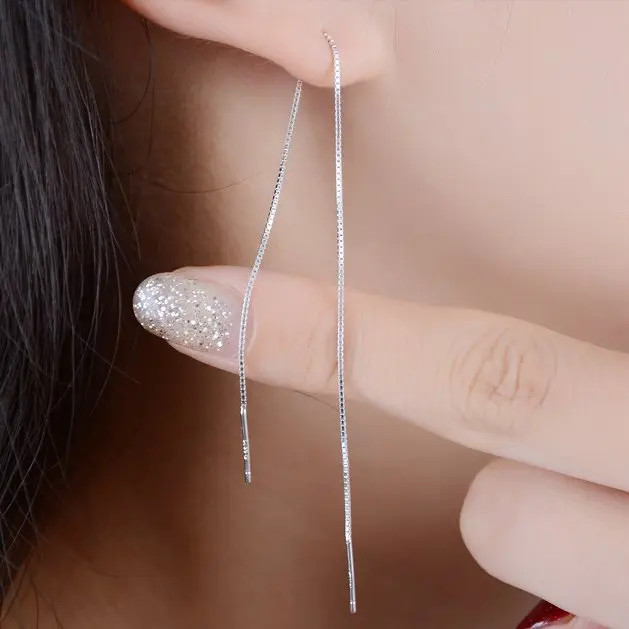 925 Sterling Silver Threader Earrings Long Chain Dangle Line Women Jewelry