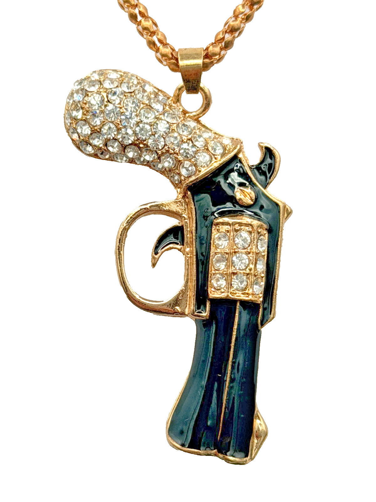 Betsey Johnson Necklace Gun Pistol Gold Green Enamel Gun Pistol Crystals | 28in