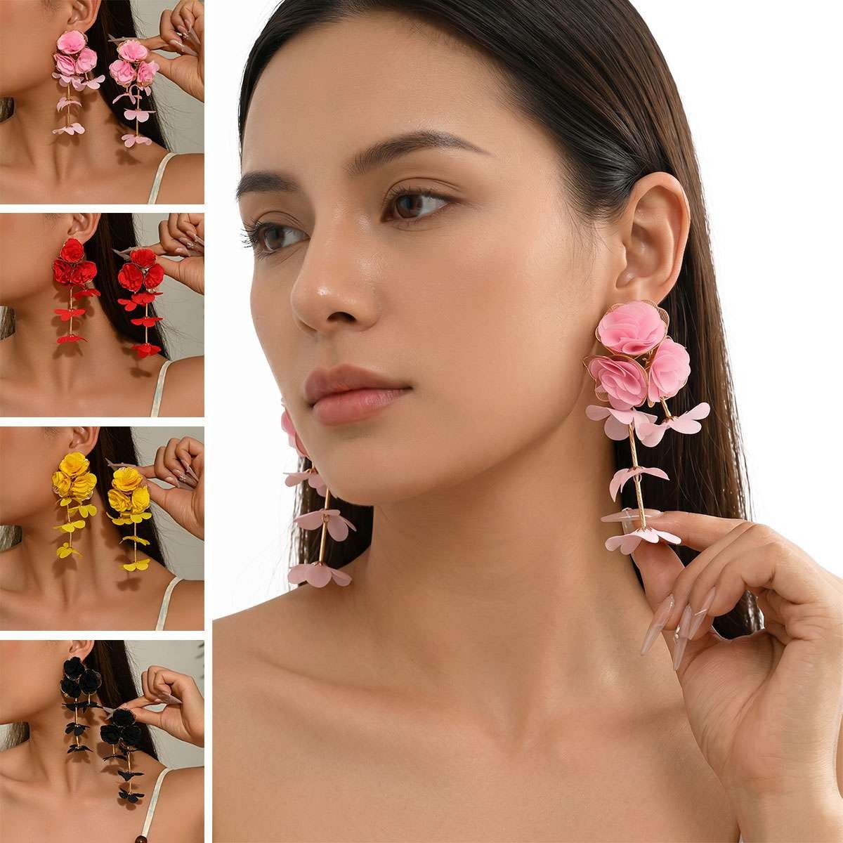 Big Flower Drop Earrings for Women Long Fabric Floral Dangle Earrings Bohem