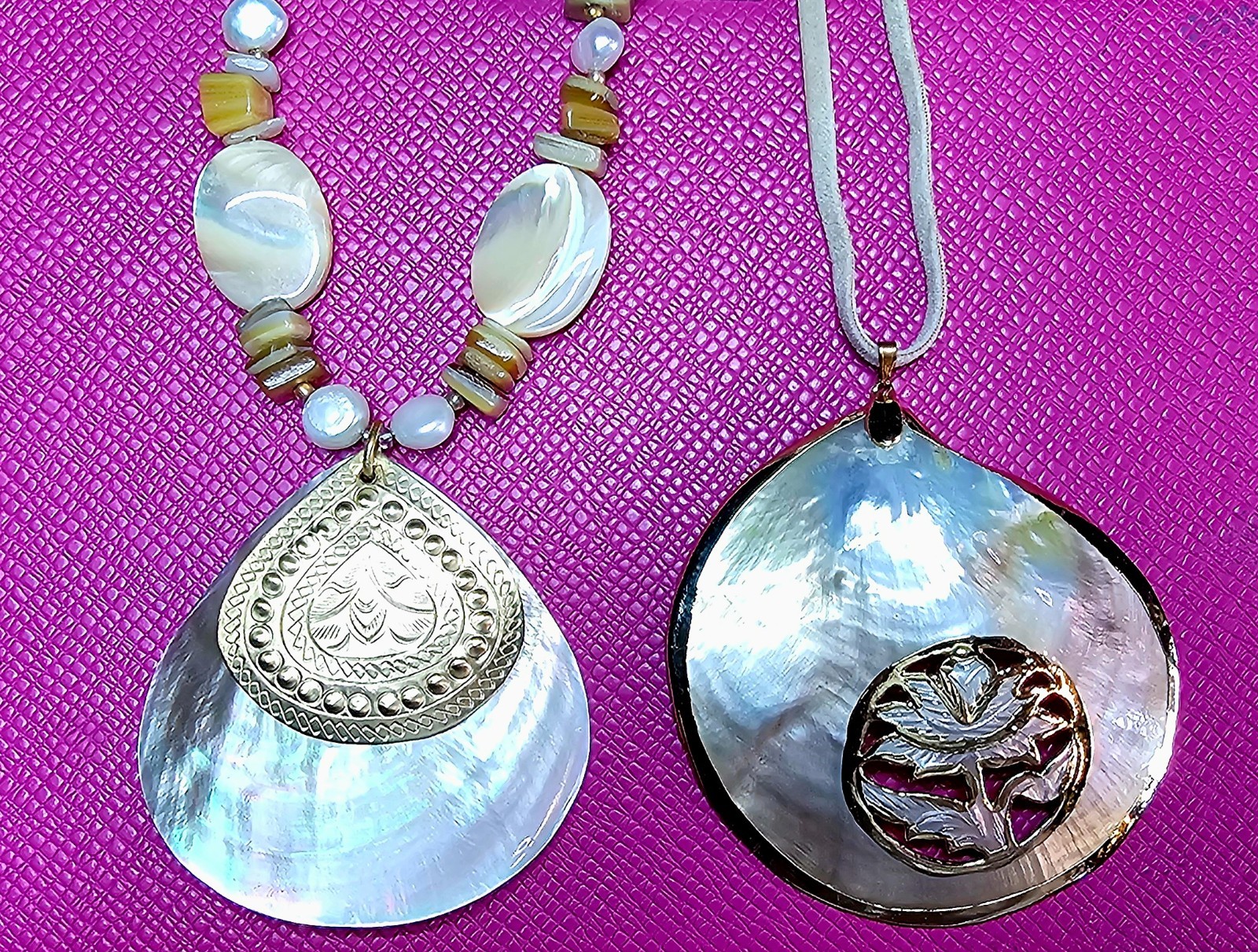 2 Large Mother of Pearl Seashell Necklaces w/Carved, Gilded & Stamped Components