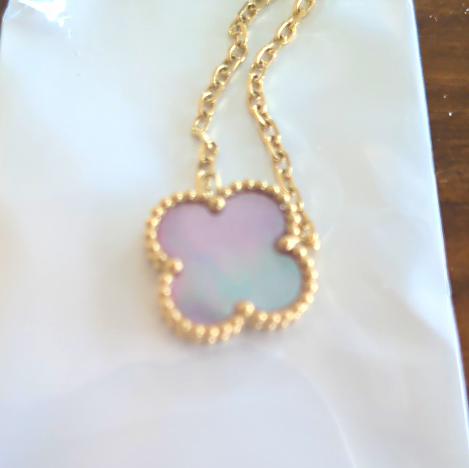 Gold Tone Stainless Steel Clover Pendant Necklace Iridescent Mother of Pearl