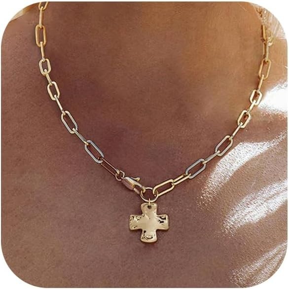 Statement 14K Gold Chunky Hammered Cross Pendant Necklace Trendy Paperclip Chain