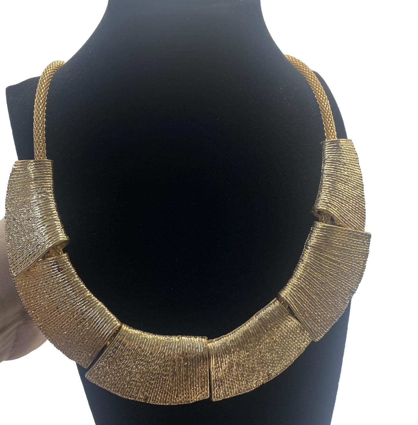 Gold Tone Textured Bib Statement Necklace Mesh Chain 27 In Fashion Jewelry