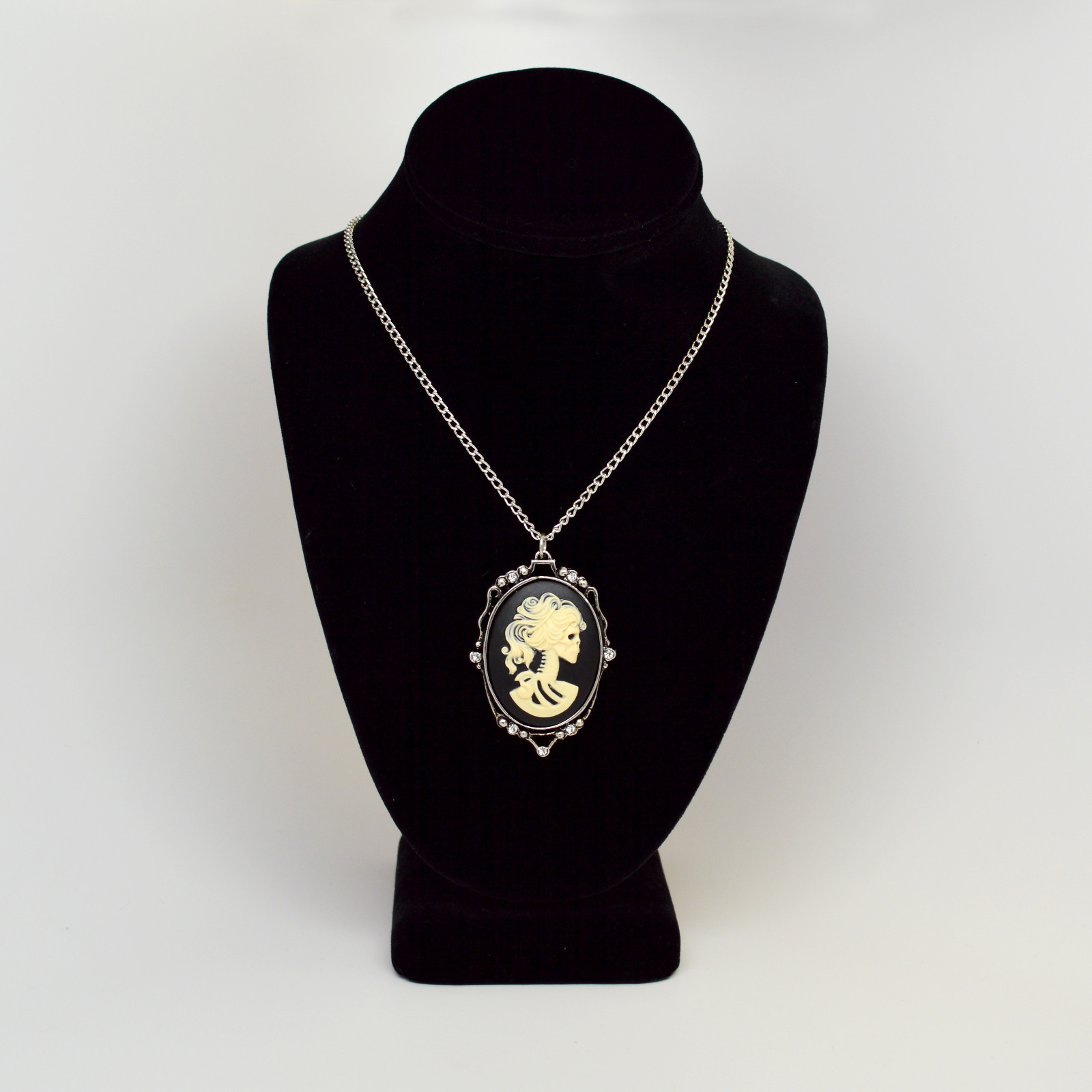 Gothic Lolita Cameo Ivory on Black with Crystals Pewter Pendant Necklace NK-610