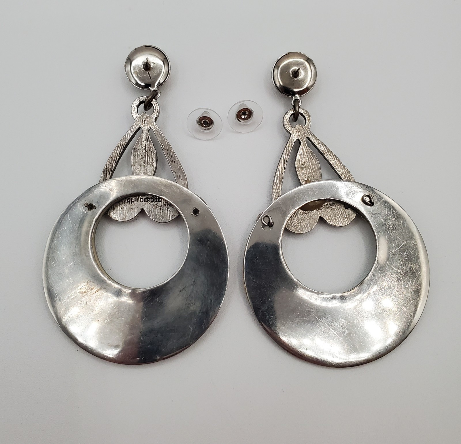 DLH Depose Earrings 3.5in Huge Pewter Iridescent Mosaic MOP Abalone VTG Estate