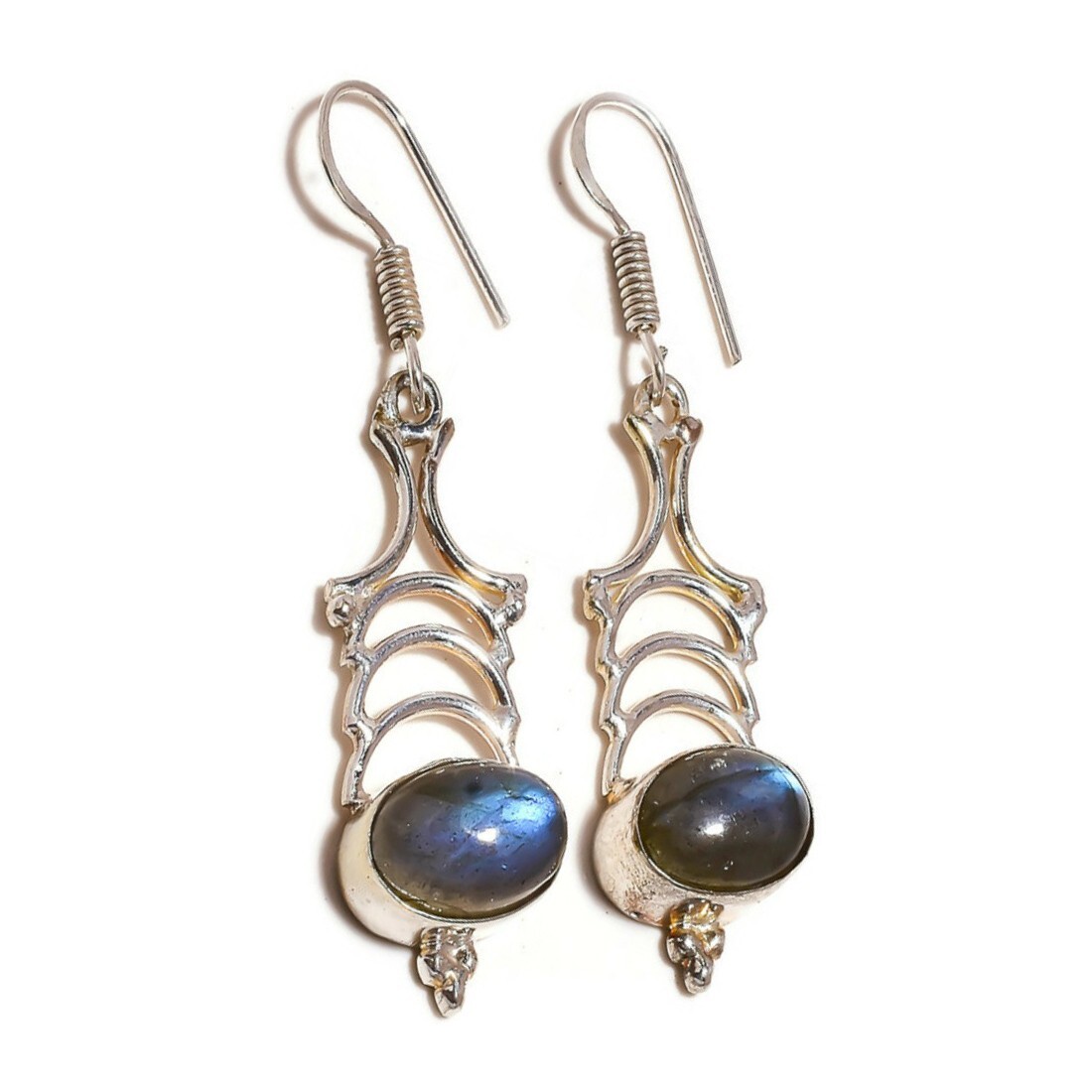 Blue Fire Labradorite Cabochon Gemstone Handmade Artisan Drop Dangle Earrings