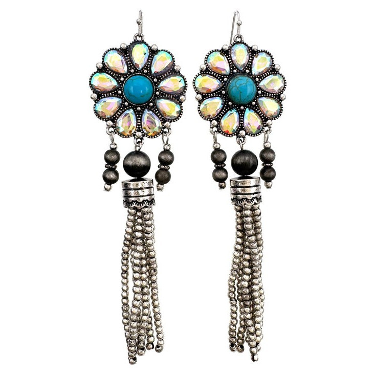 Silver Tone Blue Multicolor Flower Tassel Dangle/Drop Hook Earrings Metal