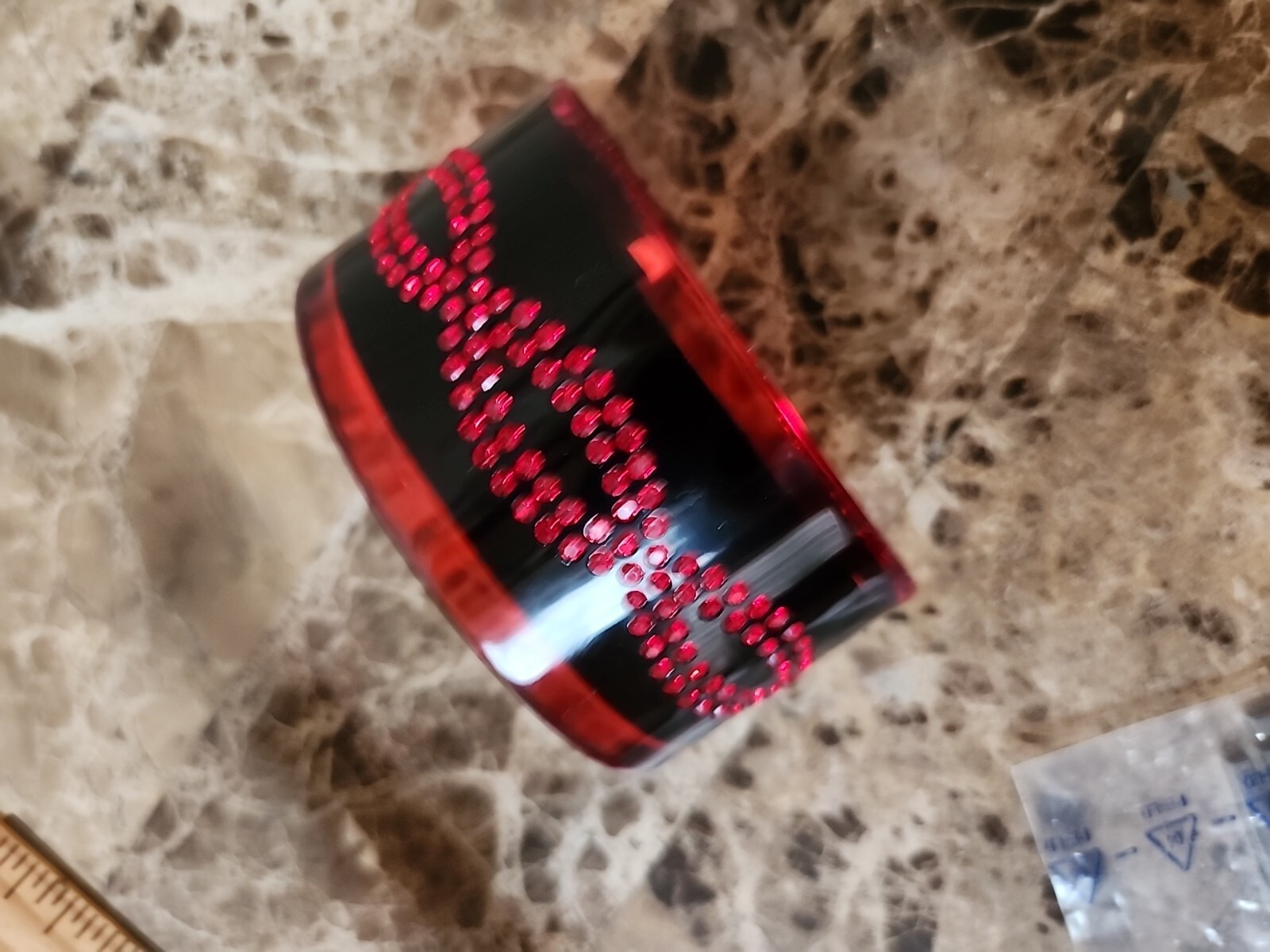 New OKER BRAND CUFF BRACELET Acrylic red black beaded 1 1/2″ wide