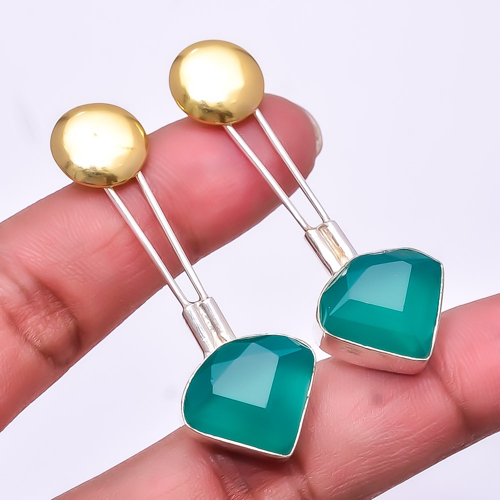 Emerald Simulated 925 Sterling Silver Two Tone Earring 1.95″ E72, Christmas Gift