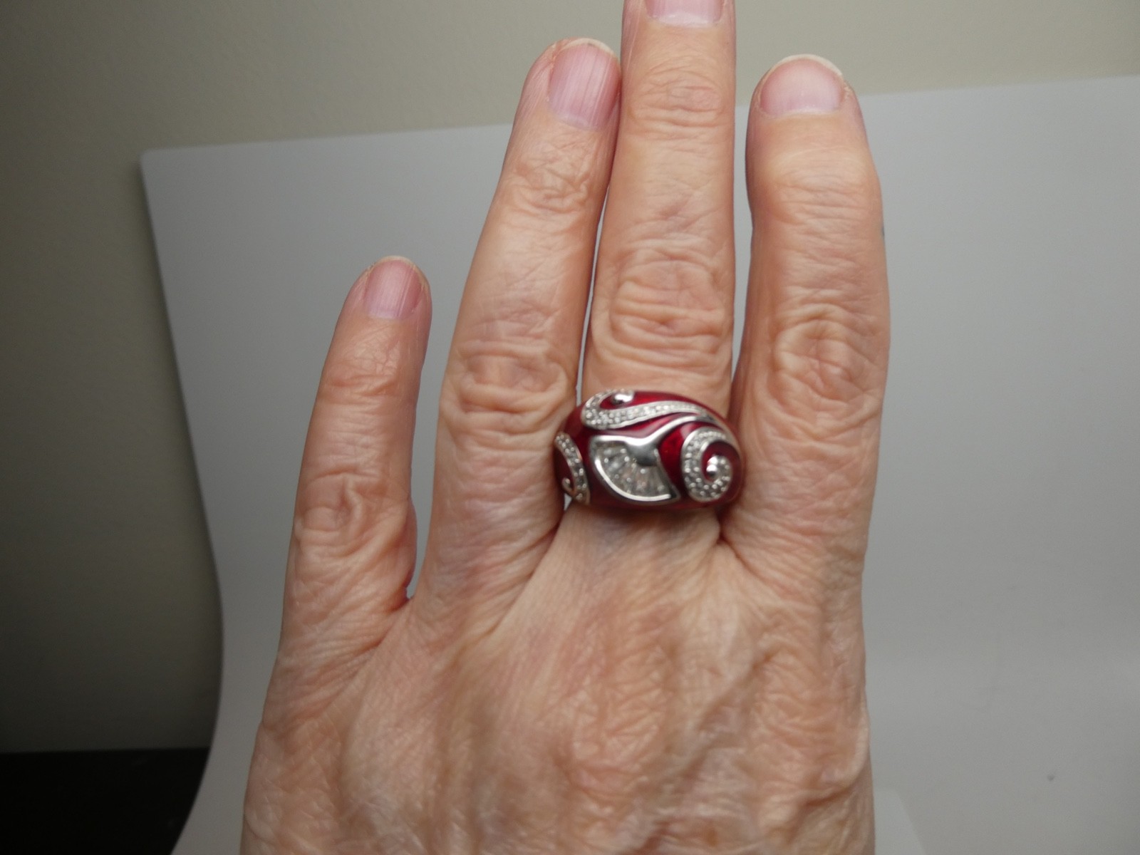 Victoria Wieck Dome Red Enamel & CZ Sterling Silver 925 Poppy Flower RING Size 8