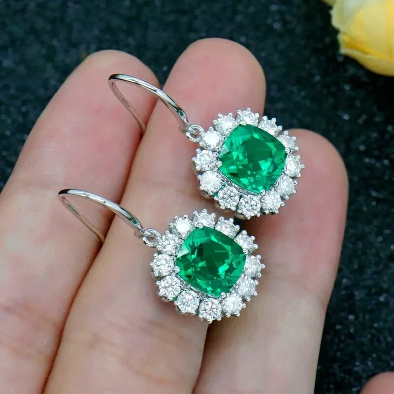 2.20Ct Cushion Cut Simulated Green Emerald Drop Earrings 14K White Gold Plated