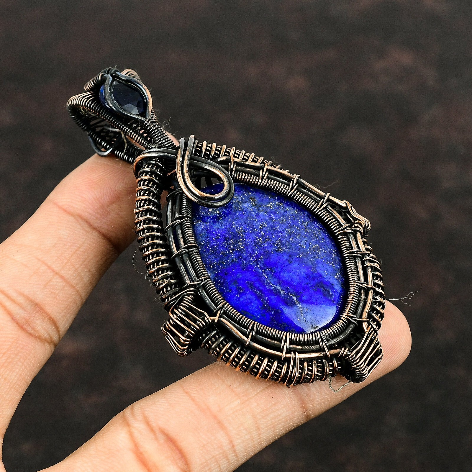Lapis Lazuli Gemstone Jewelry Copper Friend Gift Wire Wrapped Pendant 3.31″