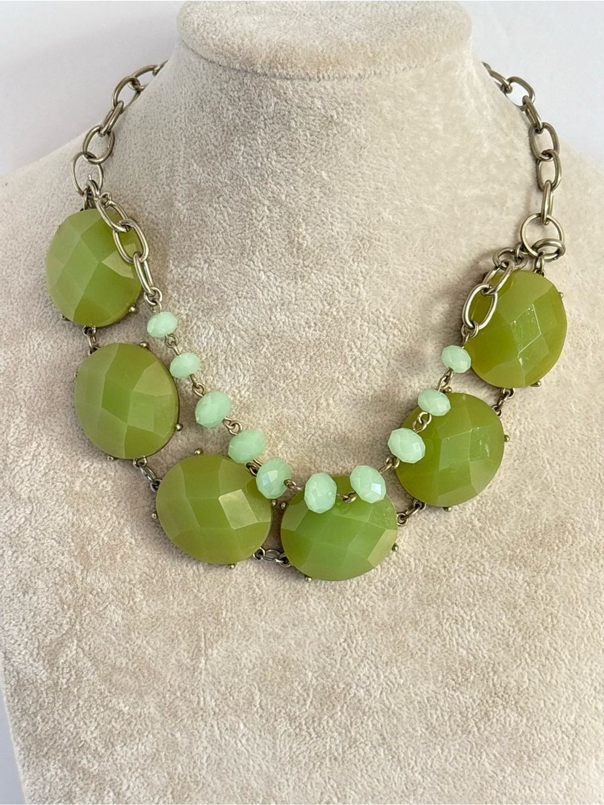 Premier Designs Green Statement Necklace Signed Silver Tone Beaded Necklace